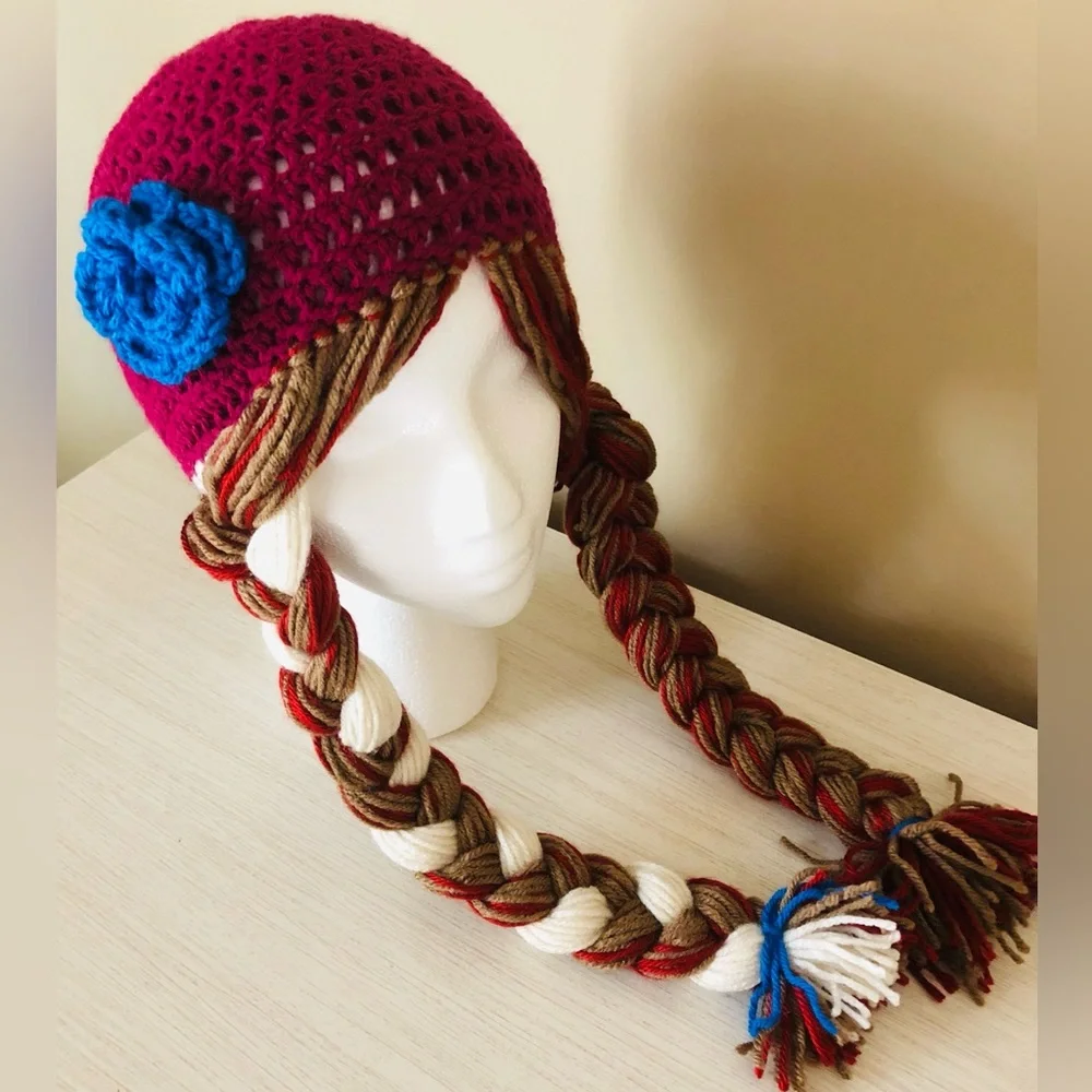 Handmade Crochet Anna-Inspired Hat – Burgundy Beanie‎ with Long Braided Pigtails